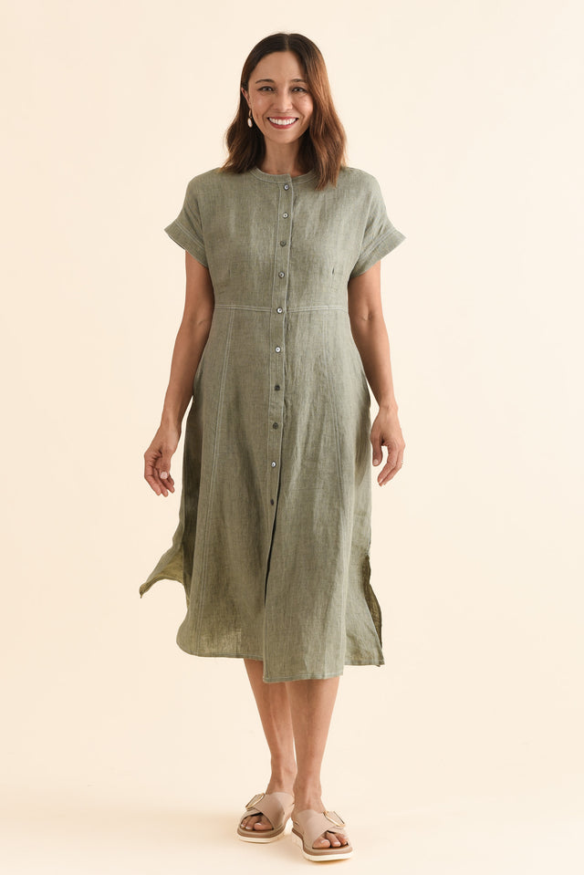 Fenton Sage Linen Button Dress,Full Body,Brunette model,alt text|model:Cara image 2
