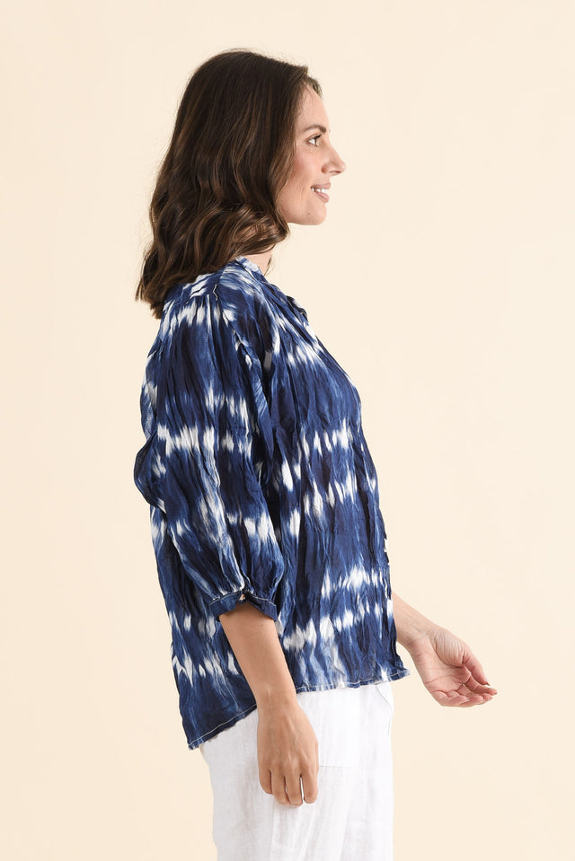 Feyra Navy Tie Dye Crinkle Cotton Blouse,Side,Brunette model,alt text|model:MJ image 3