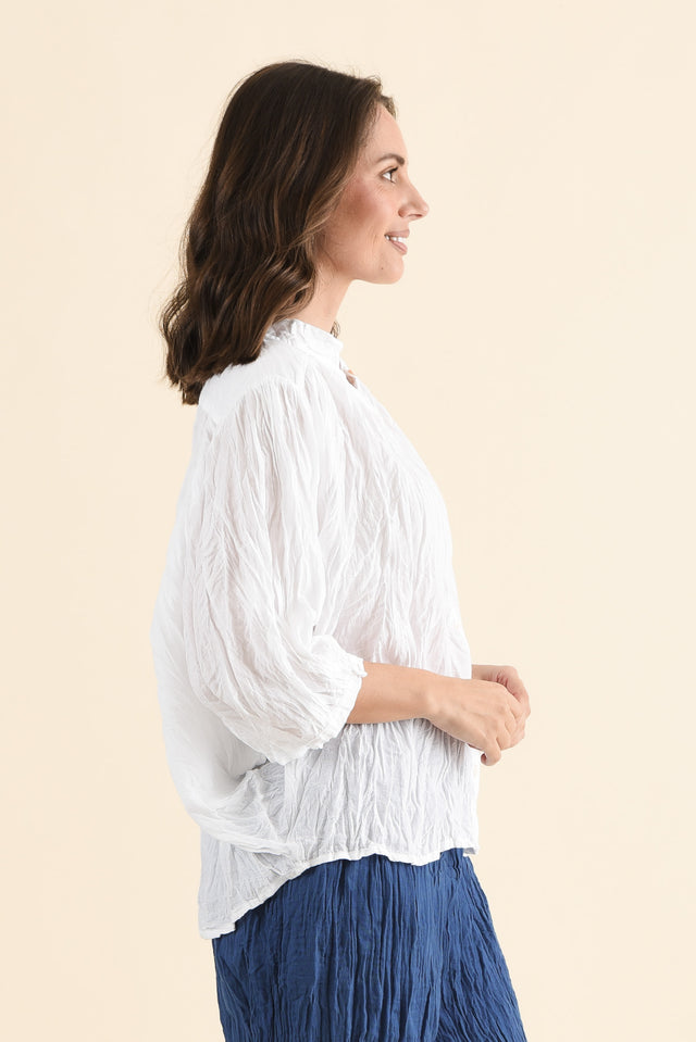 Feyra White Crinkle Cotton Blouse,Side,Brunette model,alt text|model:MJ image 3