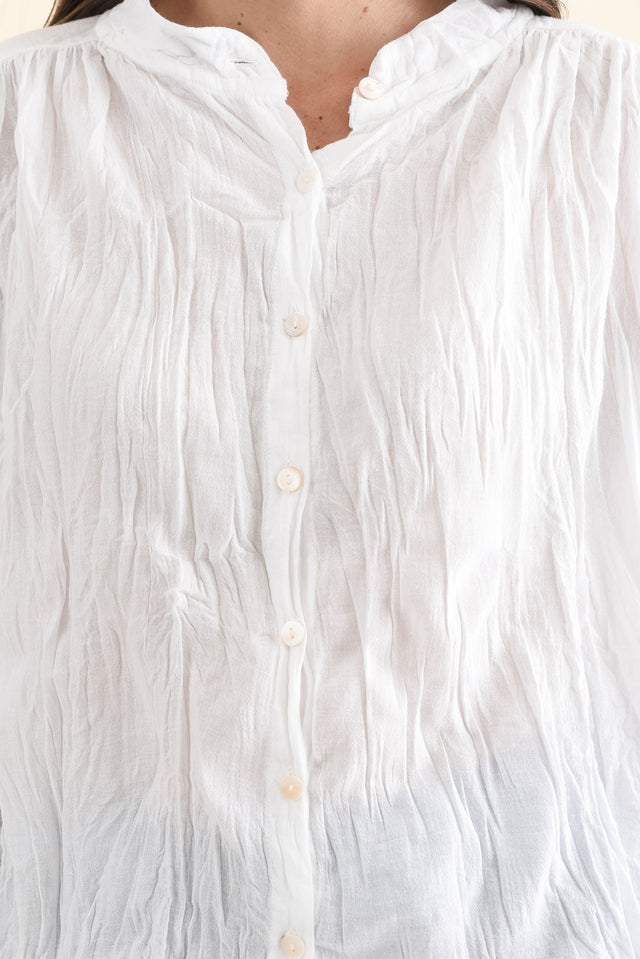 Feyra White Crinkle Cotton Blouse,Detail,Brunette model,alt text|model:MJ image 5