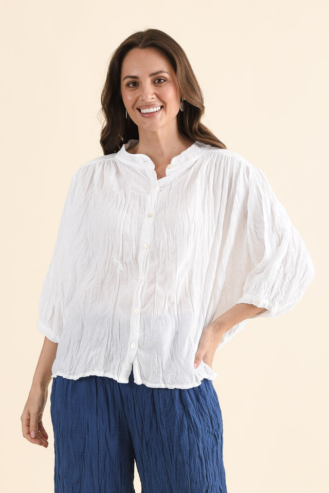 Feyra White Crinkle Cotton Blouse,Front,Brunette model,alt text|model:MJ image 1