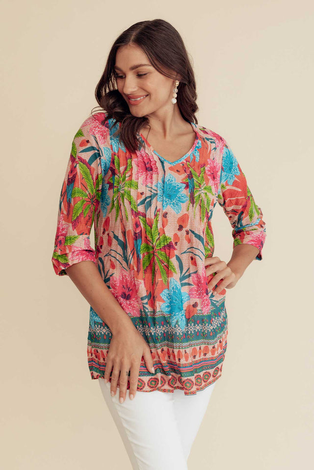 Fia Pink Palm Sleeved Crinkle Cotton Top image 1