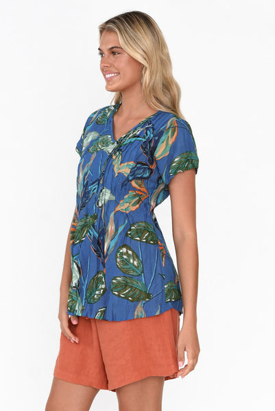 Fia Blue Leaf Crinkle Cotton Top - Blue Bungalow AU