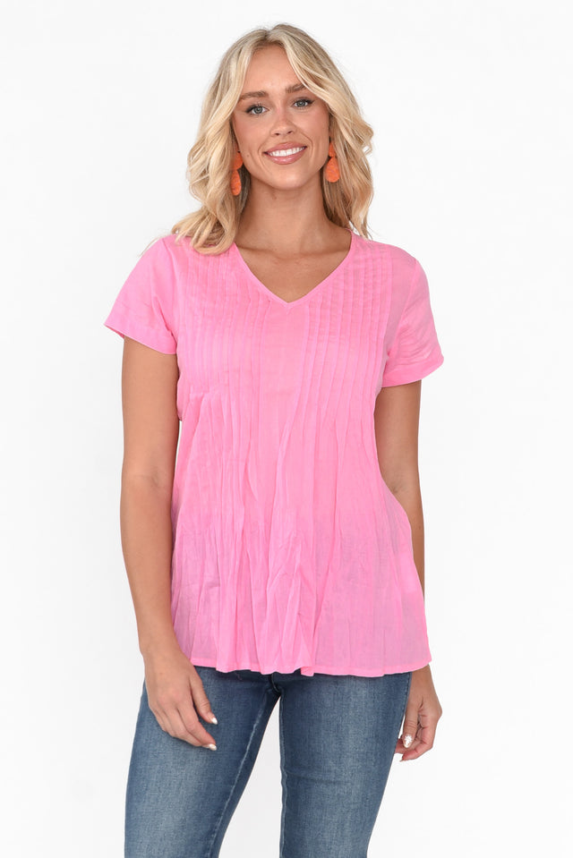 Fia Bright Pink Cotton Top neckline_V Neck  alt text|model:Zoe;wearing:AU 8 / US 4