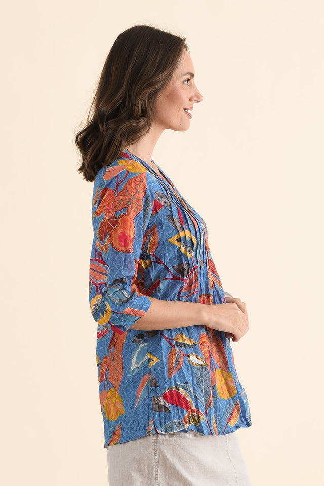 Fia Orange Garden Sleeved Crinkle Cotton Top,Side,Brunette model,alt text|model:MJ image 3