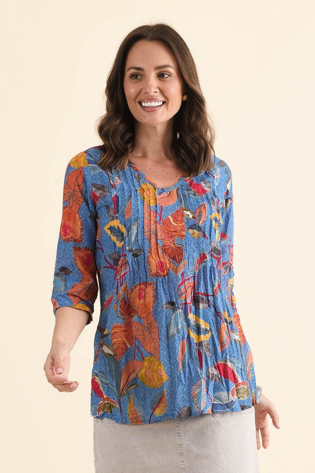 Fia Orange Garden Sleeved Crinkle Cotton Top,Front,Brunette model,alt text|model:MJ