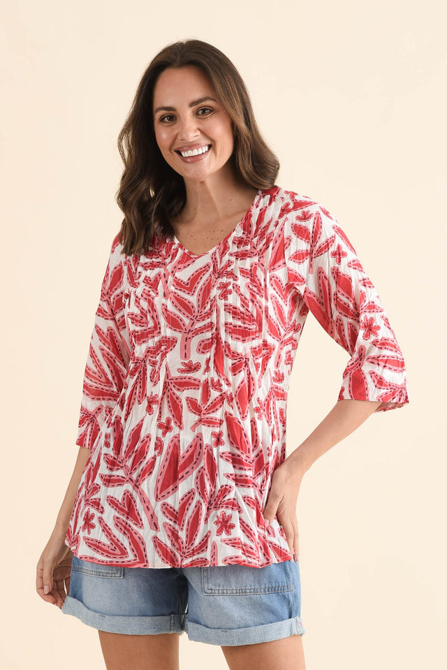 Fia Red Leaf Sleeved Crinkle Cotton Top,Front,Brunette model,alt text|model:MJ image 1