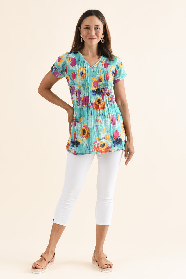 Fia Sky Blue Flower Crinkle Cotton Top,Full Body,Brunette model,alt text|model:Cara image 2