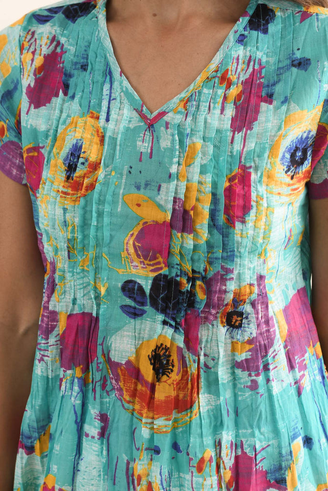 Fia Sky Blue Flower Crinkle Cotton Top,Detail,Brunette model,alt text|model:Cara image 5
