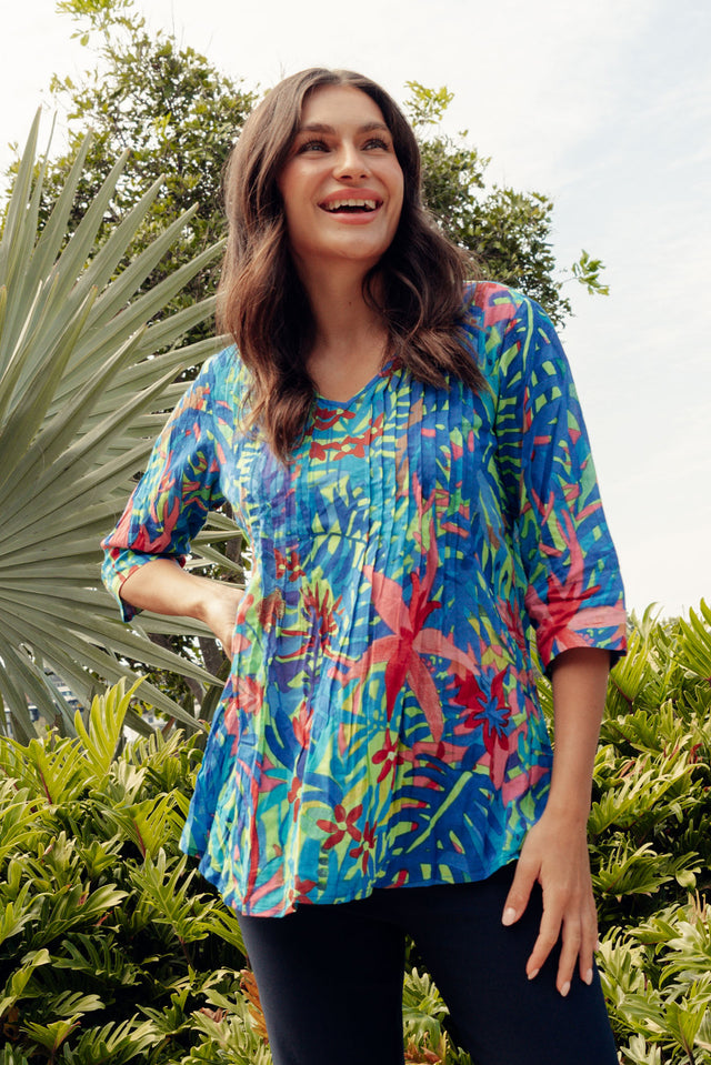 Fia Blue Jungle Sleeved Crinkle Cotton Top