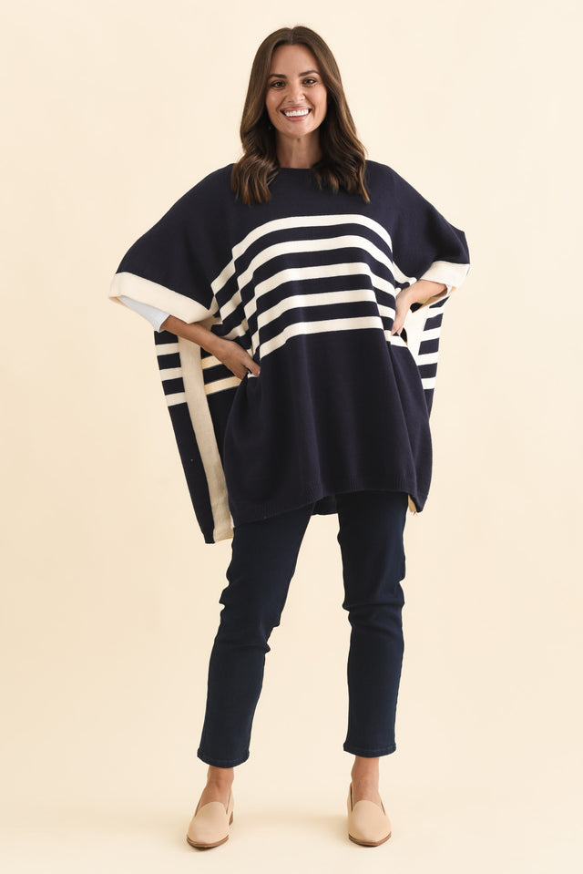 Fidelia Navy Stripe Knit Poncho,Brunette model,alt text|model:MJ image 7