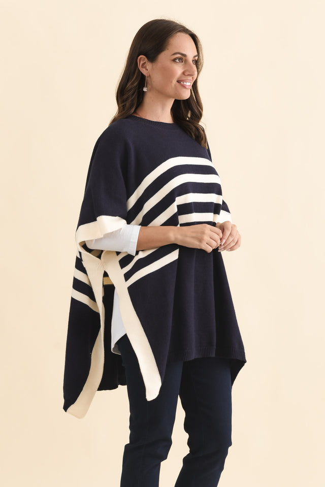 Fidelia Navy Stripe Knit Poncho,Brunette model,alt text|model:MJ image 4