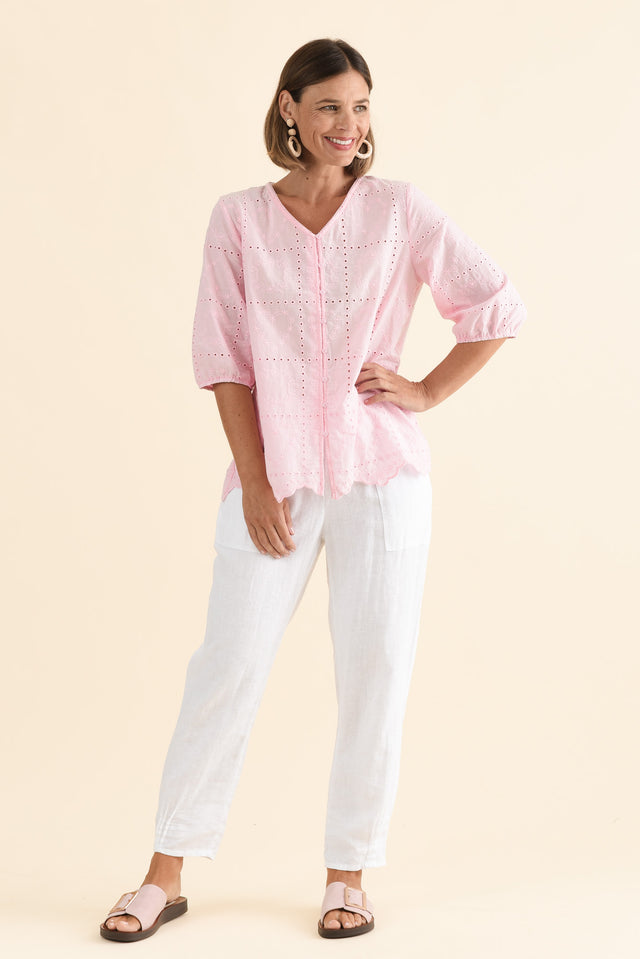 Fira Blush Cotton Embroidered Top,Full Body,Brunette model,alt text|model:Laura