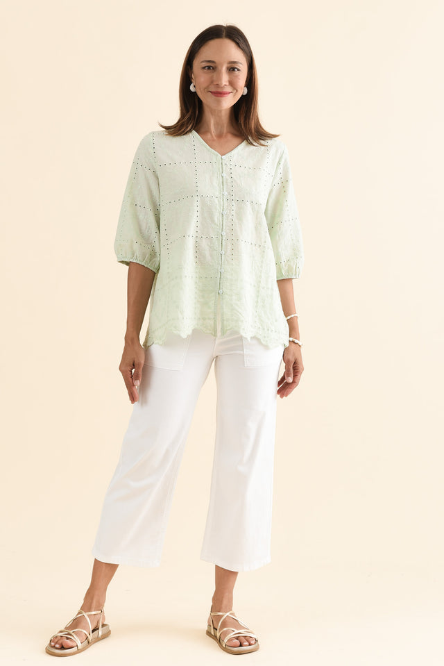 Fira Sage Cotton Embroidered Top,Full Body,Brunette model,alt text|model:Cara image 2