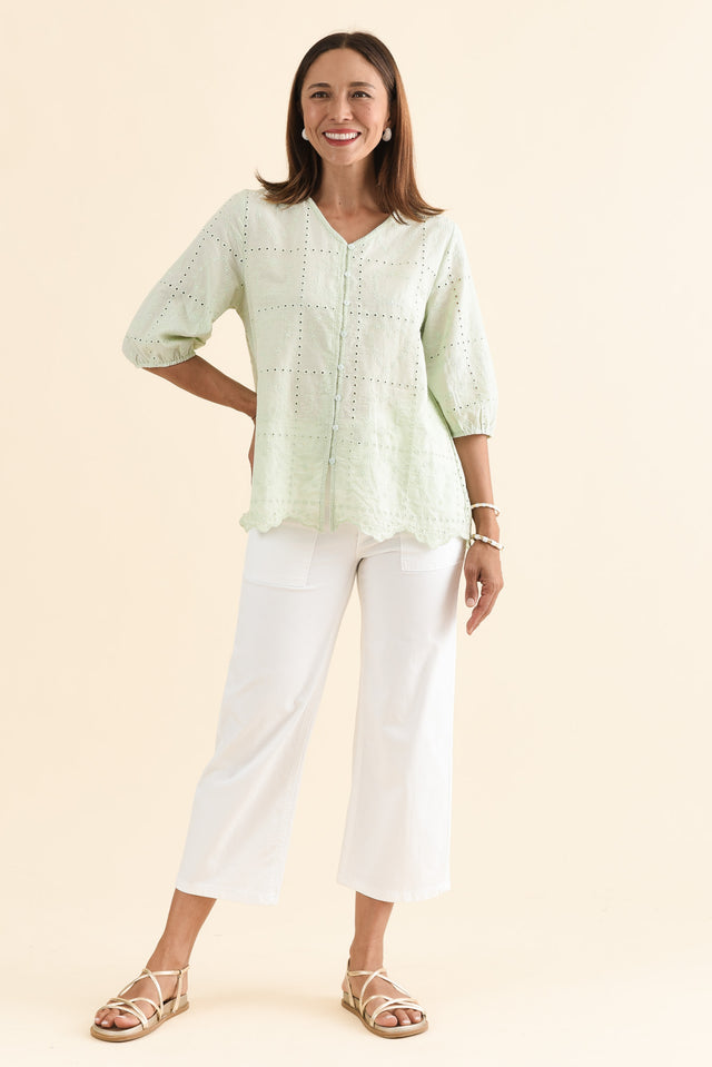 Fira Sage Cotton Embroidered Top,Full Body,Brunette model,alt text|model:Cara image 6