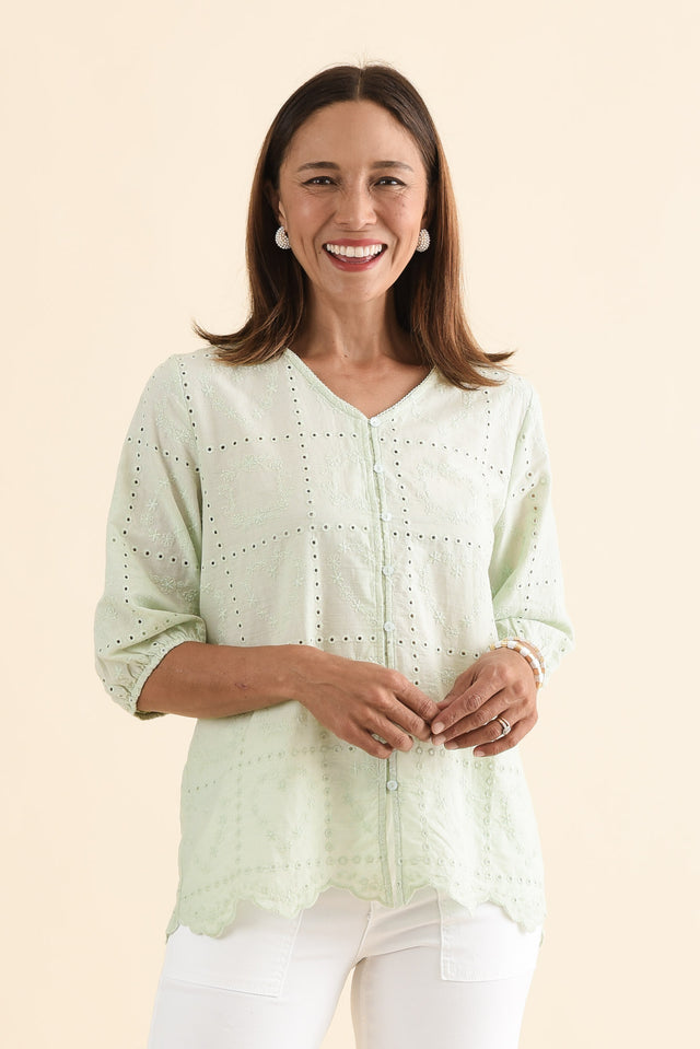Fira Sage Cotton Embroidered Top,Front,Brunette model,alt text|model:Cara image 1