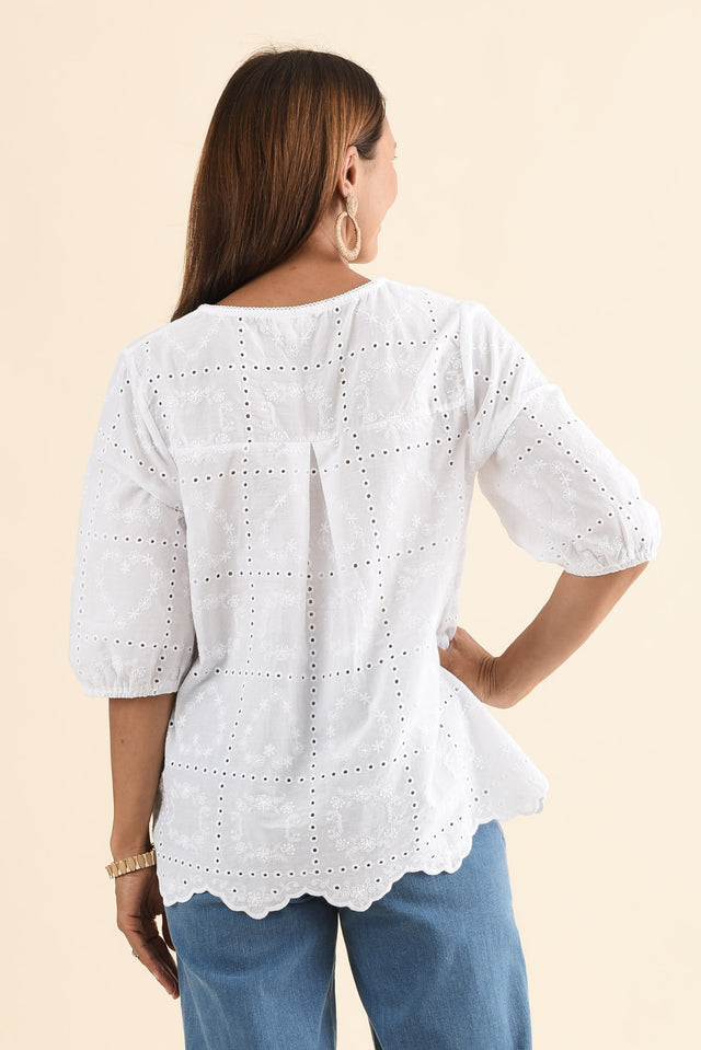Fira White Cotton Embroidered Top,Back,Brunette model,alt text|model:Cara image 4