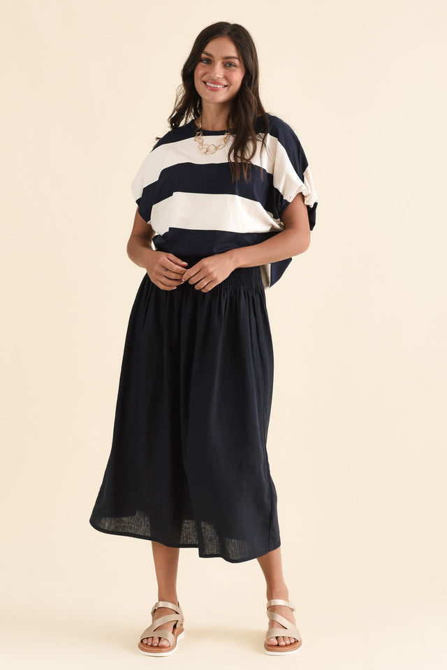 Flair Navy Linen Blend Shirred Skirt,Full Body,Brunette model,alt text|model:Brontie image 2