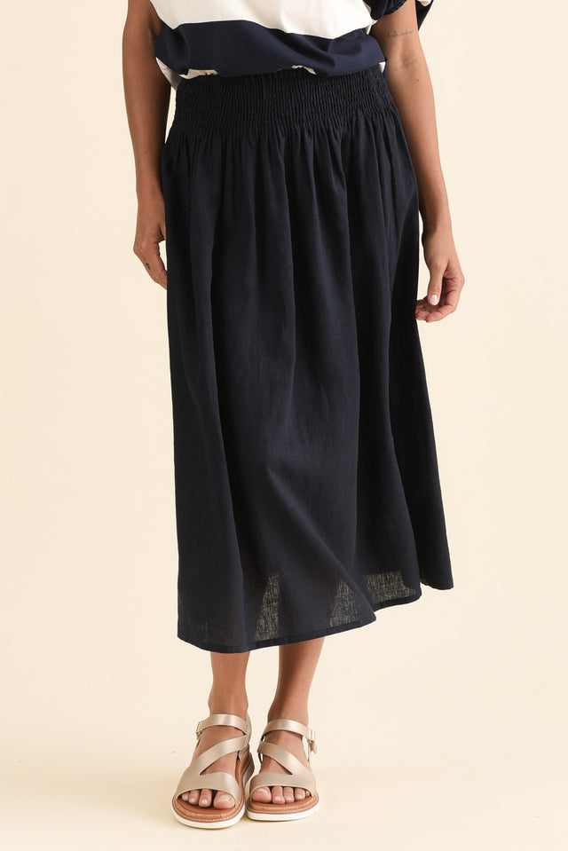 Flair Navy Linen Blend Shirred Skirt,Front,Brunette model,alt text|model:Brontie image 1