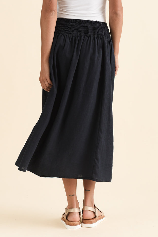 Flair Navy Linen Blend Shirred Skirt,Back,Brunette model,alt text|model:Brontie image 4