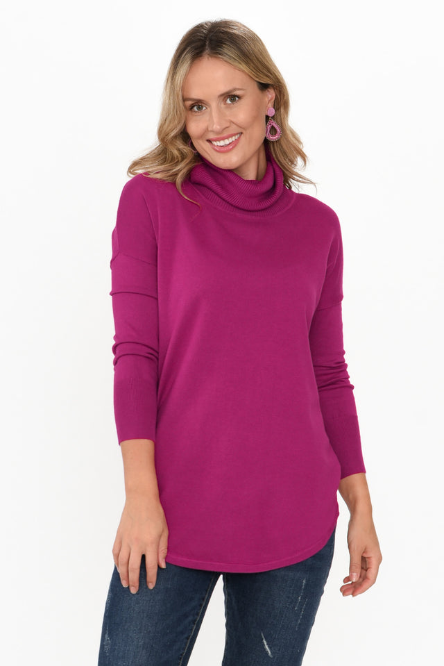 Fleur Magenta Knit Jumper neckline_Cowl hem_Curved print_Plain sleeve_Long colour_Purple JUMPERS 