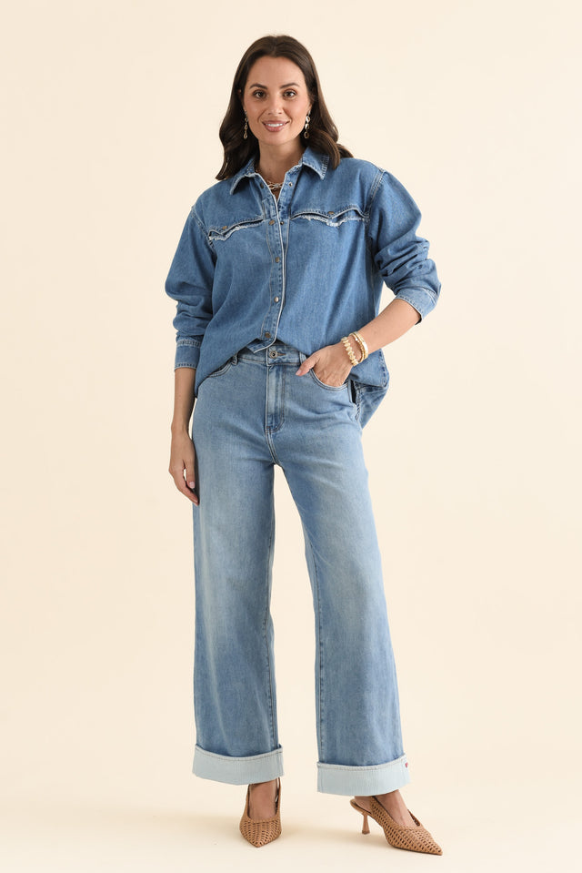 Deb Mid Blue Denim Wide Leg Jeans,brunette model,Full Outfit,alt text|model:MJ image 6