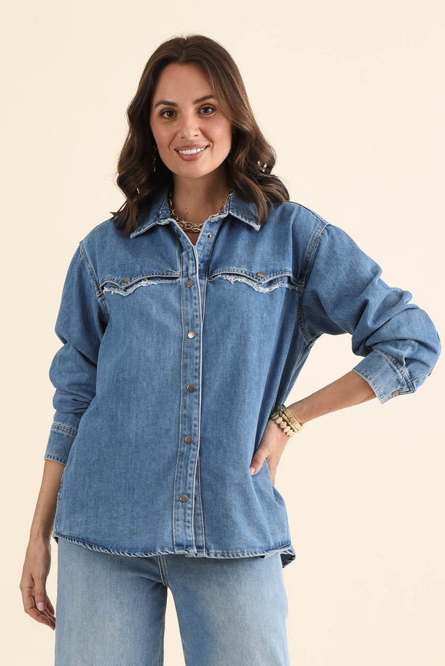 Flynn Blue Denim Button Shirt,brunette model,Front of Outfit,alt text|model:MJ image 1