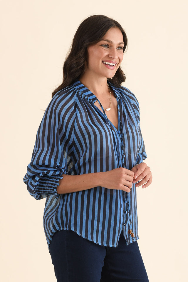 Fontie Blue Stripe Cotton Blouse,Side,Brunette model,alt text|model:Brontie image 3