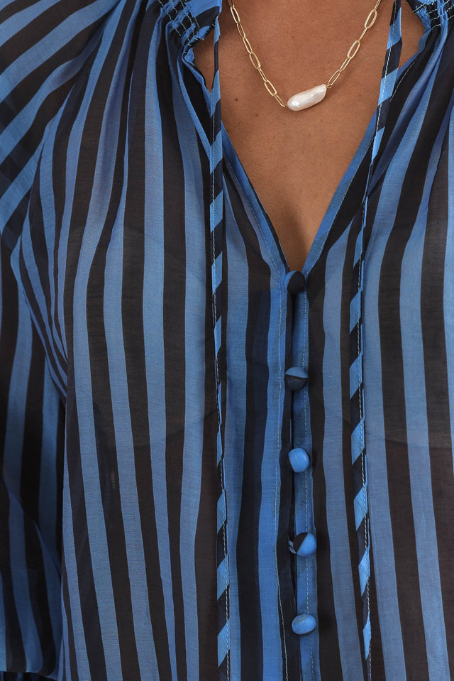 Fontie Blue Stripe Cotton Blouse,Detail,Brunette model,alt text|model:Brontie image 5