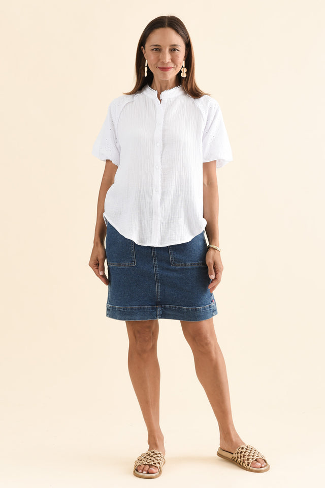 Frances White Cotton Embroidered Shirt,Full Body,Brunette model,alt text|model:Cara image 6