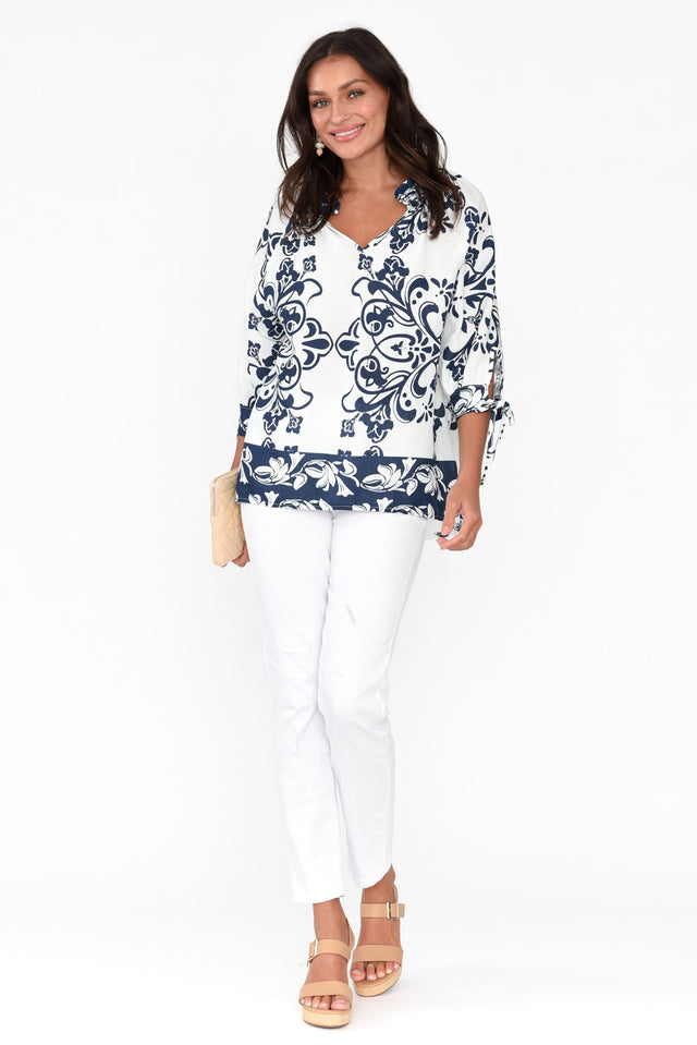Hebe Navy Floral Linen Frill Top image 5