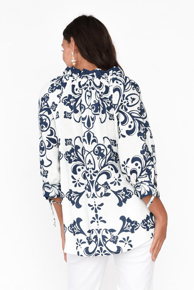 Hebe Navy Floral Linen Frill Top image 4