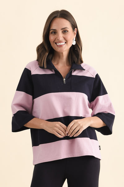 Freedom Pink Stripe Cotton Collared Sweat,Brunette model,alt text|model:MJ