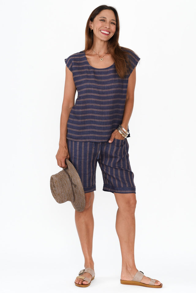 Gabriele Navy Stripe Linen Top,Brunette model,alt text|model:Cara image 3