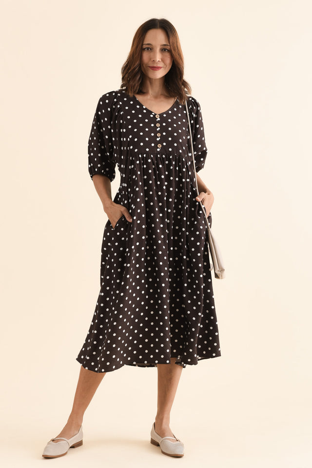 Gabriella Brown Spot Pocket Dress,Front,Brunette model,alt text|model:Cara image 1