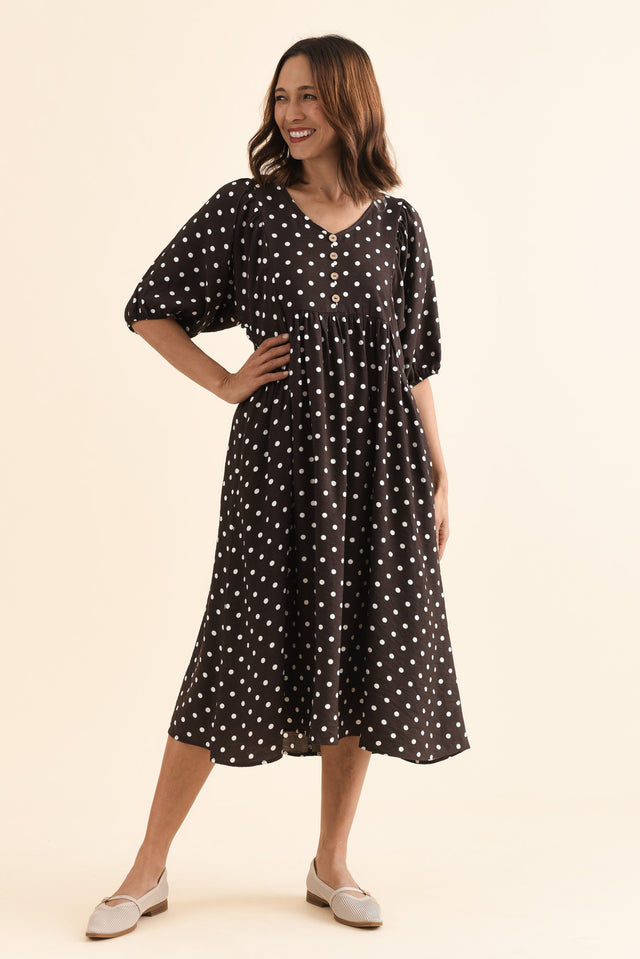 Gabriella Brown Spot Pocket Dress,Full Body,Brunette model,alt text|model:Cara image 2