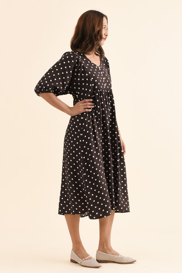 Gabriella Brown Spot Pocket Dress,Side,Brunette model,alt text|model:Cara image 3