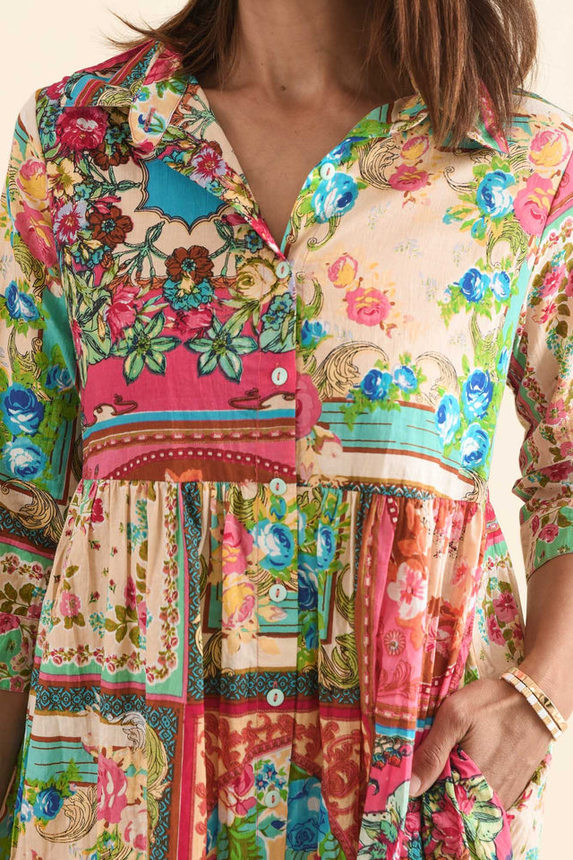 Gada Green Mosaic Cotton Tiered Dress,Detail,Brunette model,alt text|model:Cara image 5