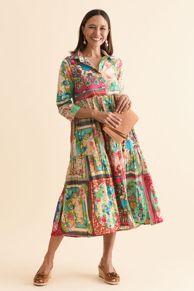Gada Green Mosaic Cotton Tiered Dress,Front,Brunette model,alt text|model:Cara image 1