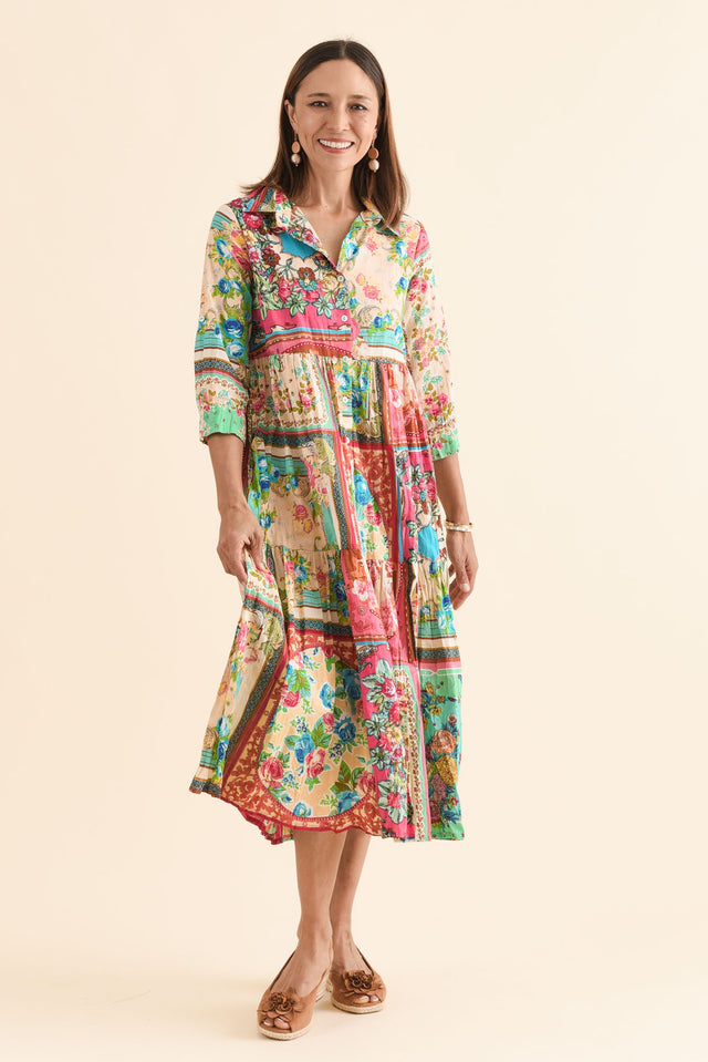 Gada Green Mosaic Cotton Tiered Dress,Full Body,Brunette model,alt text|model:Cara image 2