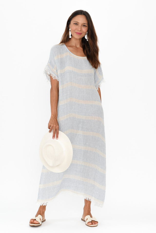 Galene Blue Stripe Linen Dress,Brunette model,alt text|model:Cara