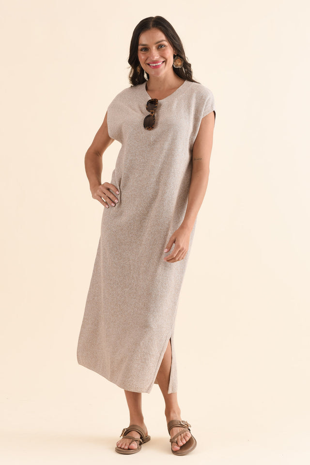 Garrick Beige Cotton Tie Dress,Front,Brunette model,alt text|model:Brontie