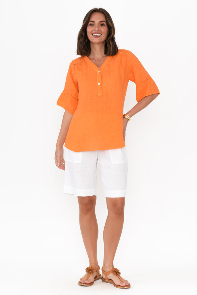 Gemma Orange Linen Button Top,Brunette model,alt text|model:MJ image 3