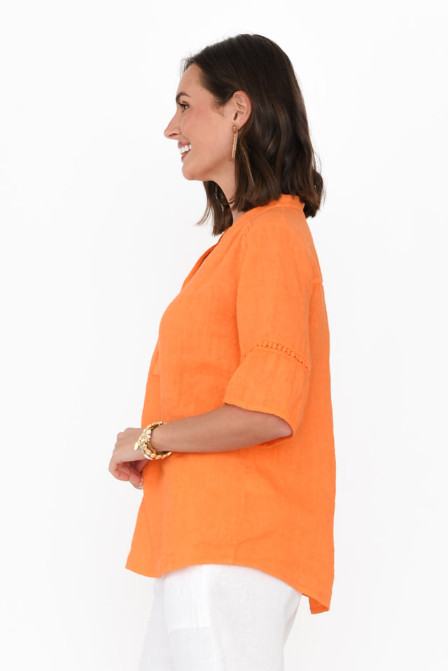 Gemma Orange Linen Button Top,Brunette model,alt text|model:MJ image 4