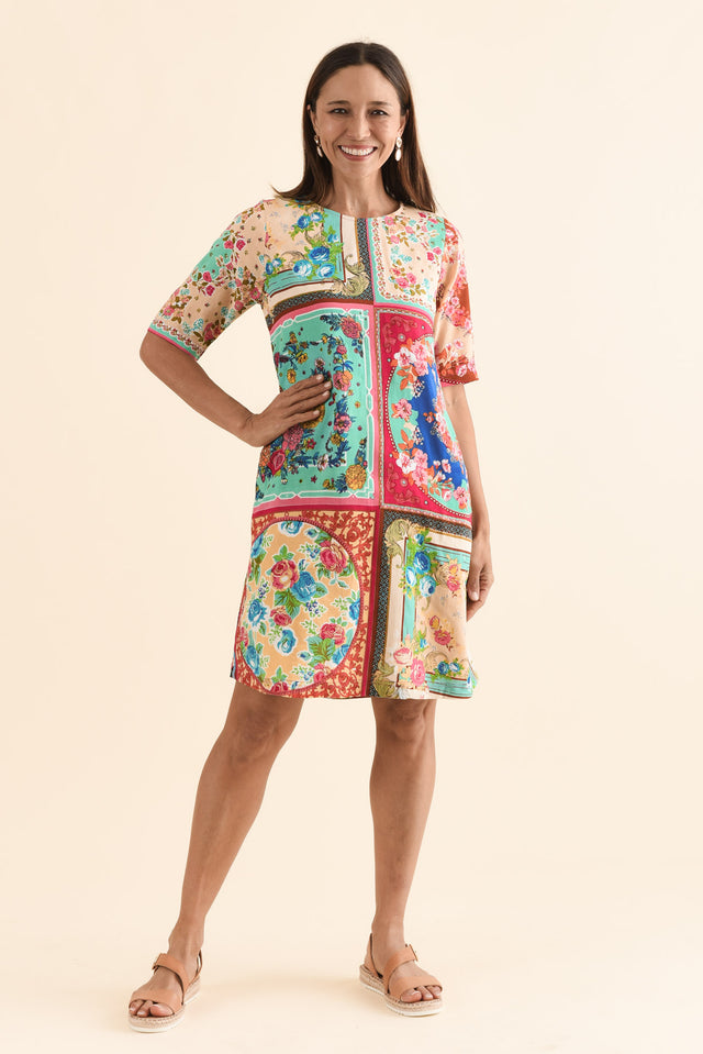 Gerbera Green Mosaic Pocket Dress,Front,Brunette model,alt text|model:Cara image 1
