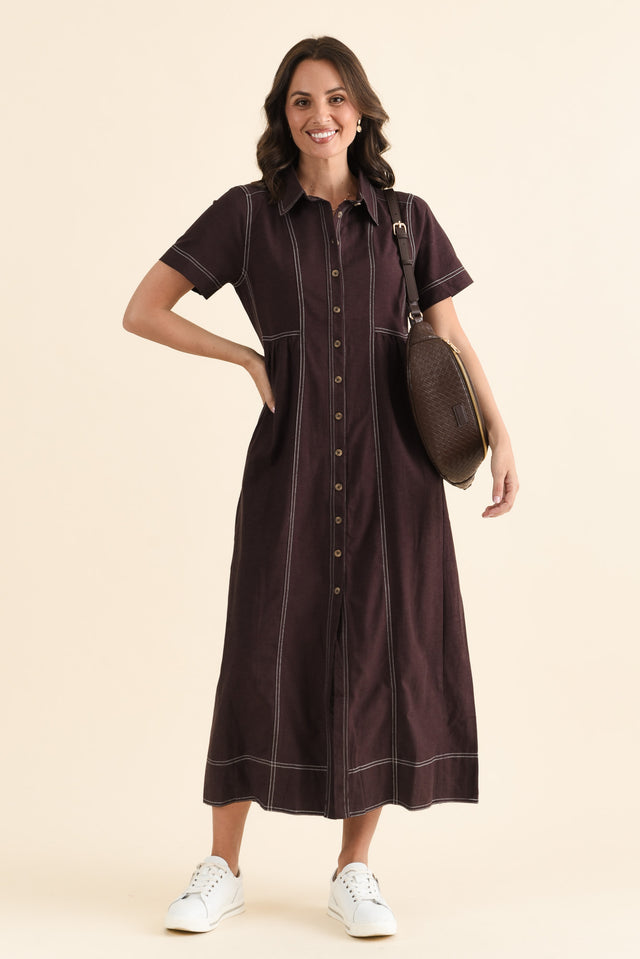 Gertrude Chocolate Contrast Pocket Dress,brunette model,Front of Outfit,alt text|model:MJ image 1