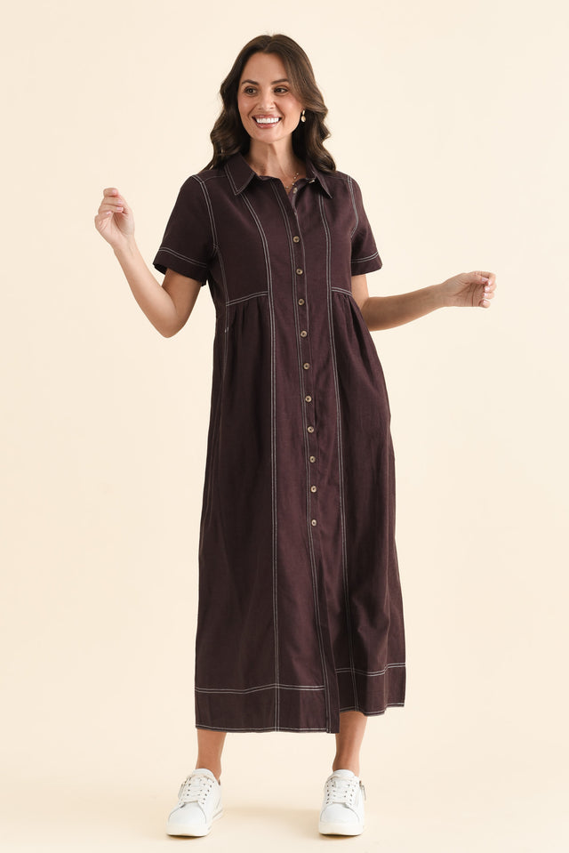 Gertrude Chocolate Contrast Pocket Dress,brunette model,Full Outfit,alt text|model:MJ image 6