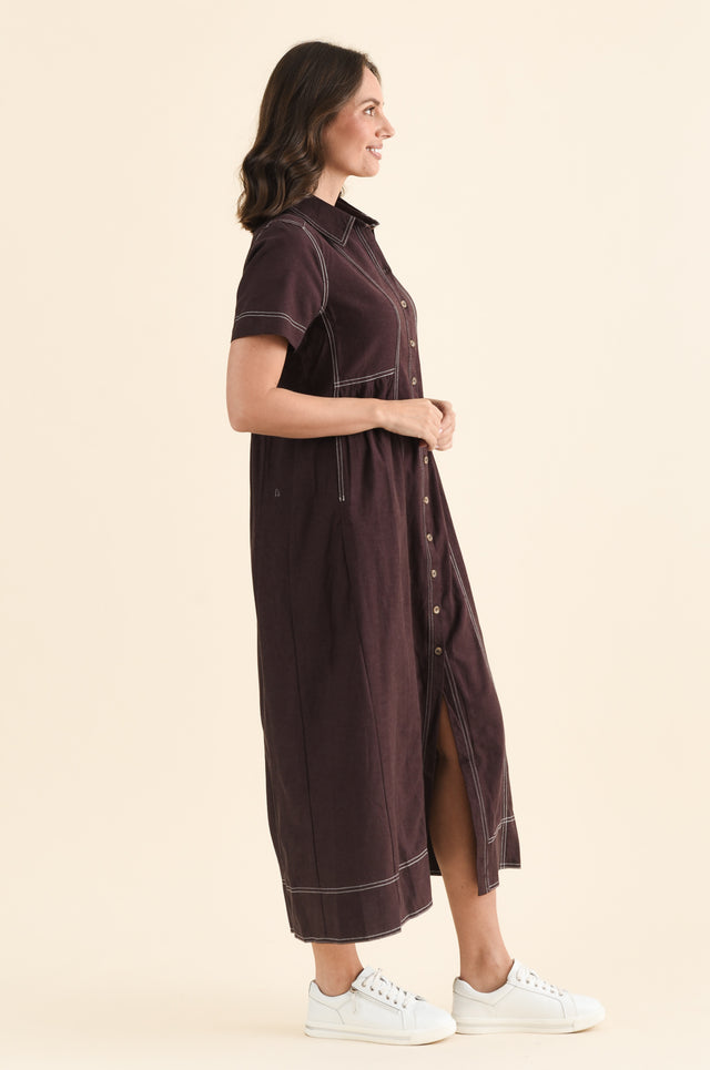 Gertrude Chocolate Contrast Pocket Dress,brunette model,Side of Outfit,alt text|model:MJ image 3