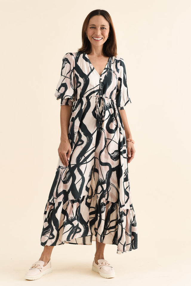 Gilda Black Brush Stroke Tie Dress,brunette model,Front of Outfit,alt text|model:Cara