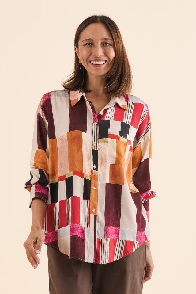 Glenda Red Geo Collared Shirt,Front,Brunette model,alt text|model:Cara image 1